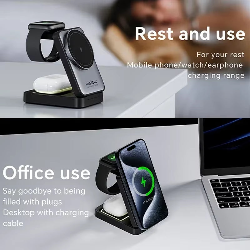 Foldable 3 in 1 Magnetic Wireless Charger Stand for Magsafe Iphone 15 14 13 12 Apple Watch 2-8 Airpods Pro Fast Charging Station