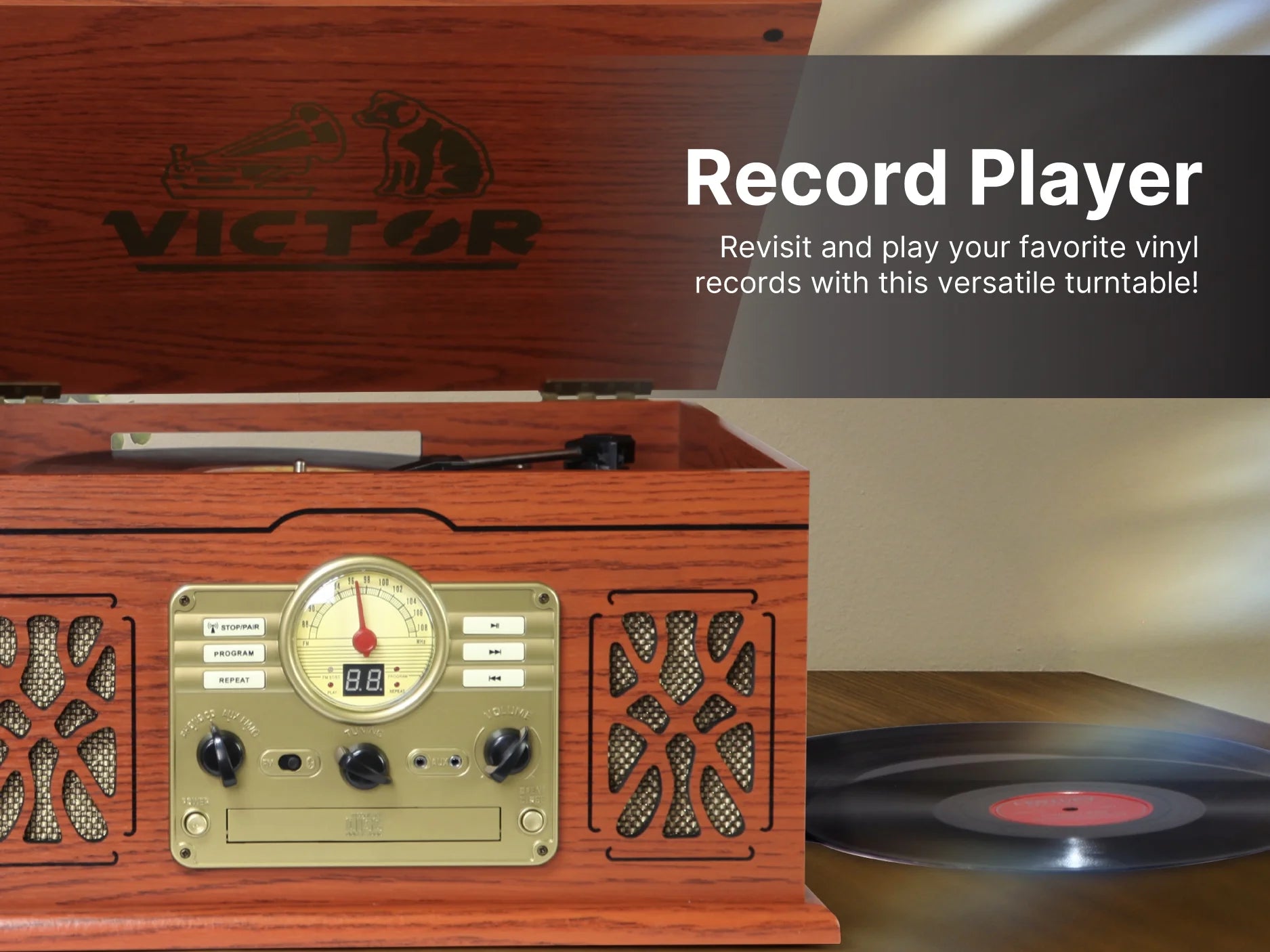State 7-In-1 Turntable Music Center with 3-Speed Record Player, Cd/Mp3/Cassette Player, FM Radio, Dual Bluetooth in & Out, and Built-In Stereo Speakers, Mahogany (VWRP-3800-MH)