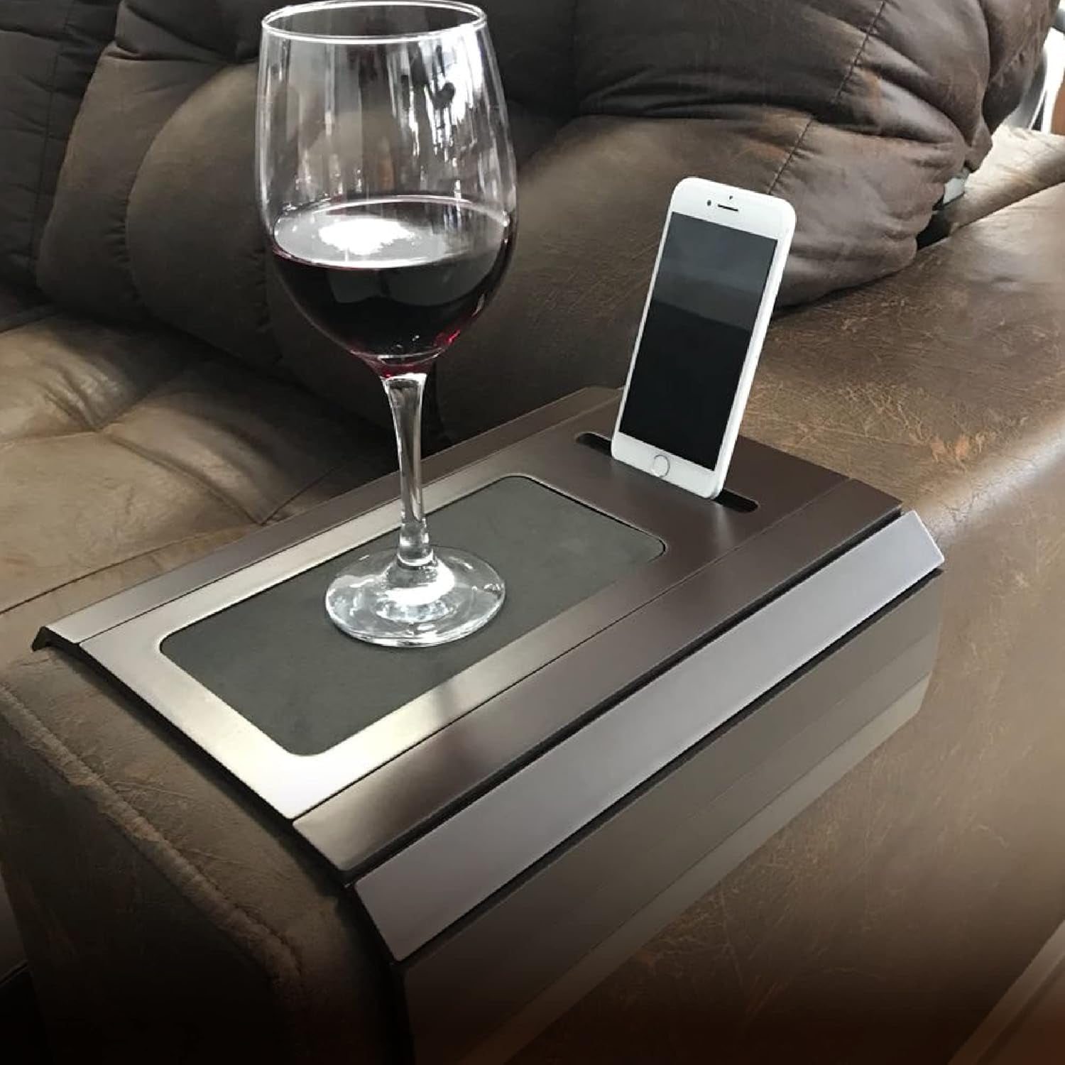 Sofa Tray Table Wth EVA Base and Cellphone Holder. Fits over Square Chair Arms. (Tobacco/Dark Brown)