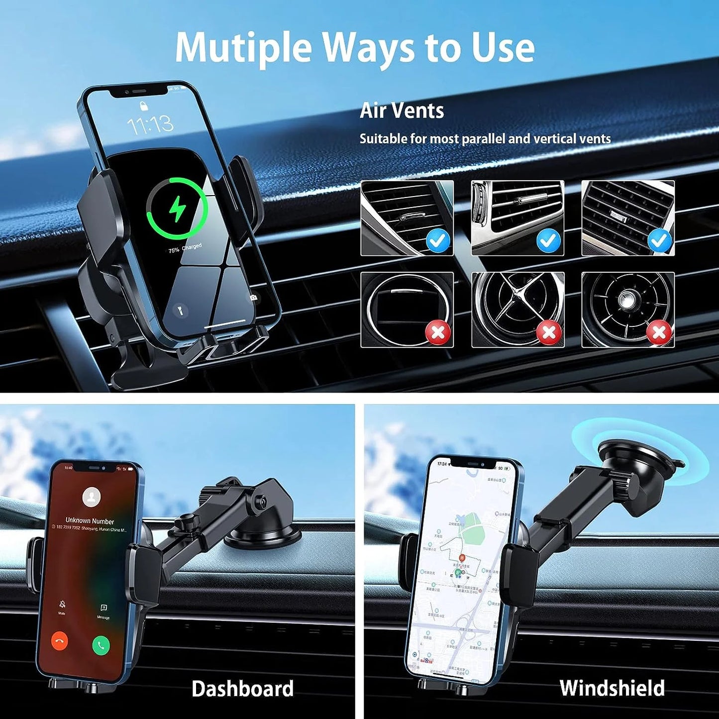 3 in 1 Wireless Car Charger, 15W Smart Sensor Auto Clamping Air Vent Dashboard Windshield Car Phone Charging Holder Mount, Compatible for Iphone, Samsung, Google, LG, Etc