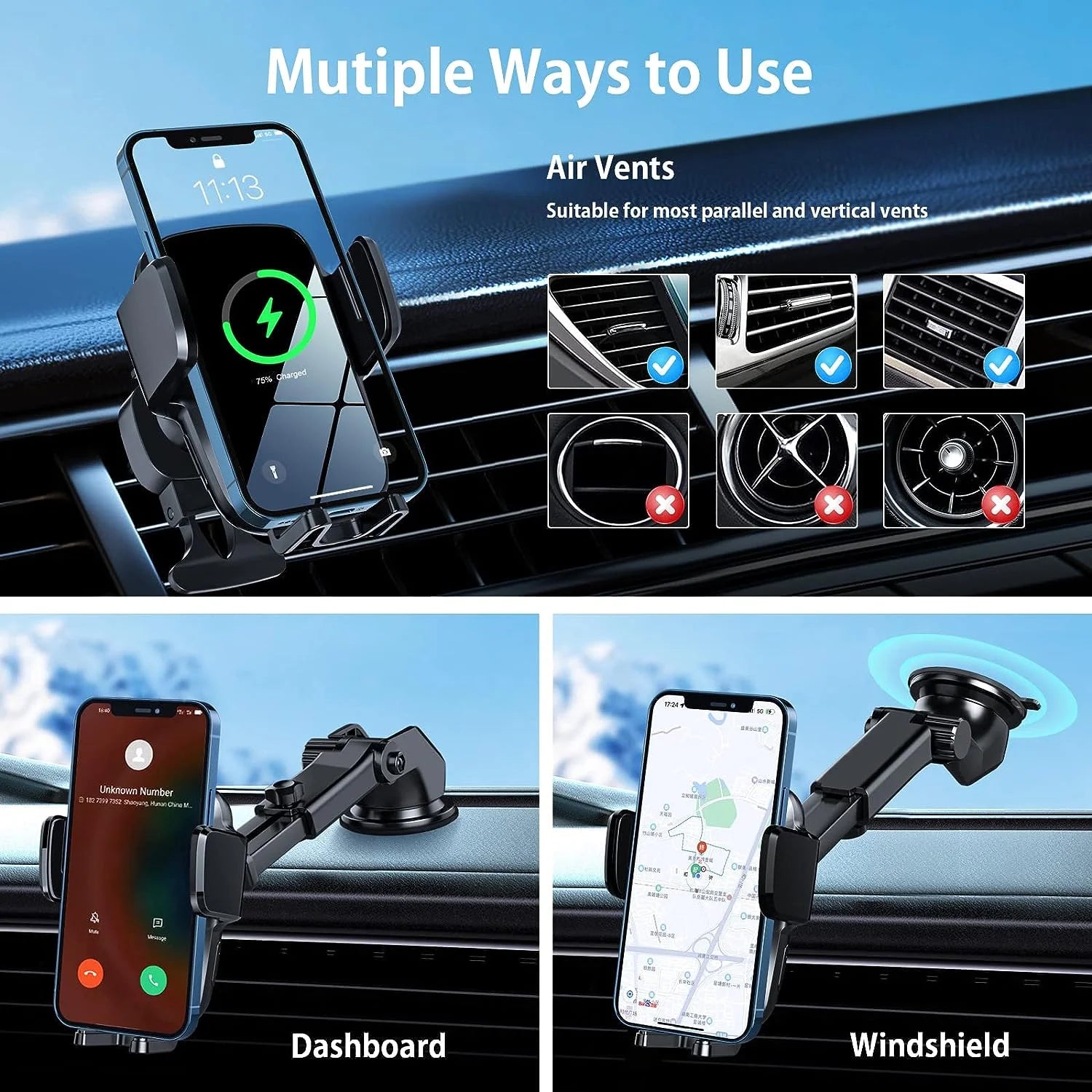 3 in 1 Wireless Car Charger, 15W Smart Sensor Auto Clamping Air Vent Dashboard Windshield Car Phone Charging Holder Mount, Compatible for Iphone, Samsung, Google, LG, Etc
