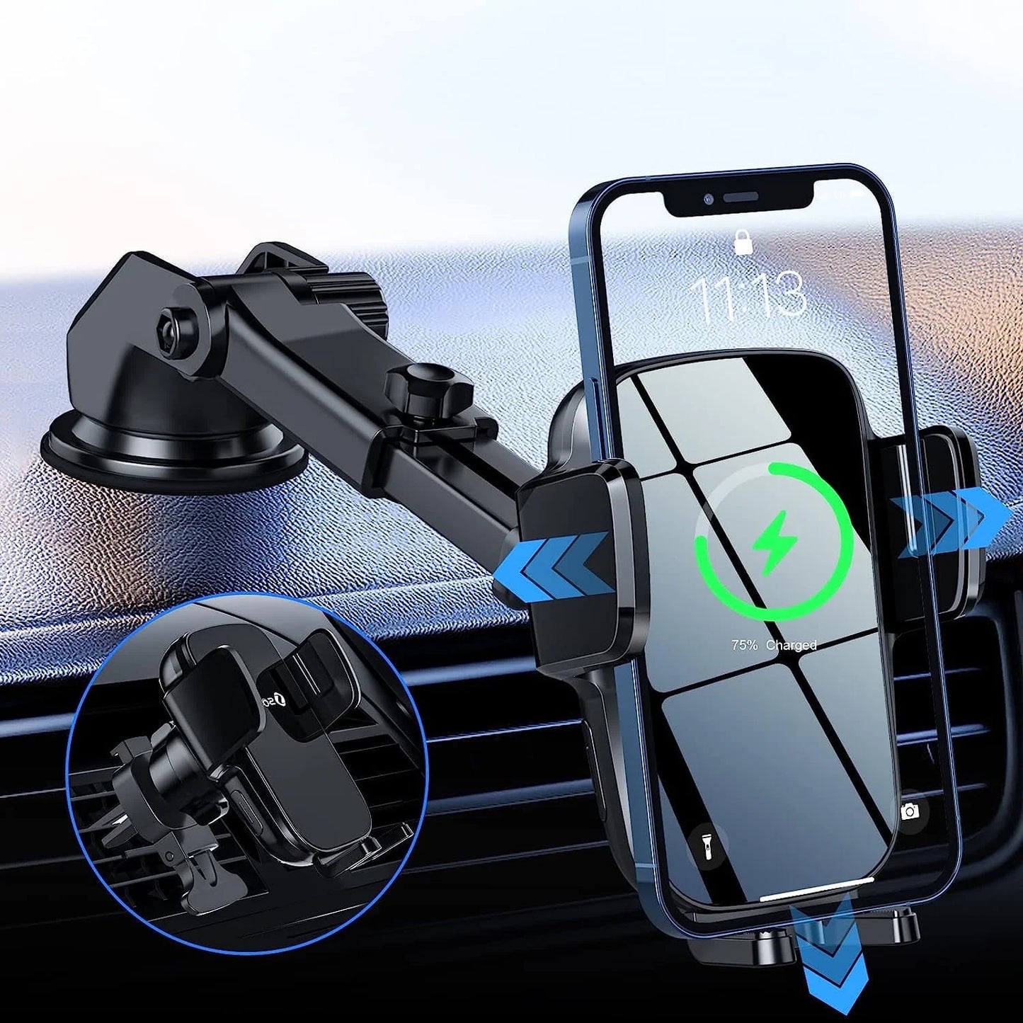 3 in 1 Wireless Car Charger, 15W Smart Sensor Auto Clamping Air Vent Dashboard Windshield Car Phone Charging Holder Mount, Compatible for Iphone, Samsung, Google, LG, Etc