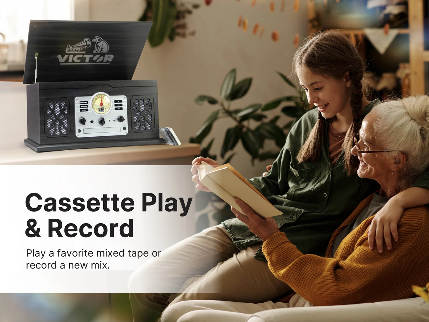 State 7-In-1 Turntable Music Center with 3-Speed Record Player, Cd/Mp3/Cassette Player, FM Radio, Dual Bluetooth in & Out, and Built-In Stereo Speakers, Mahogany (VWRP-3800-MH)