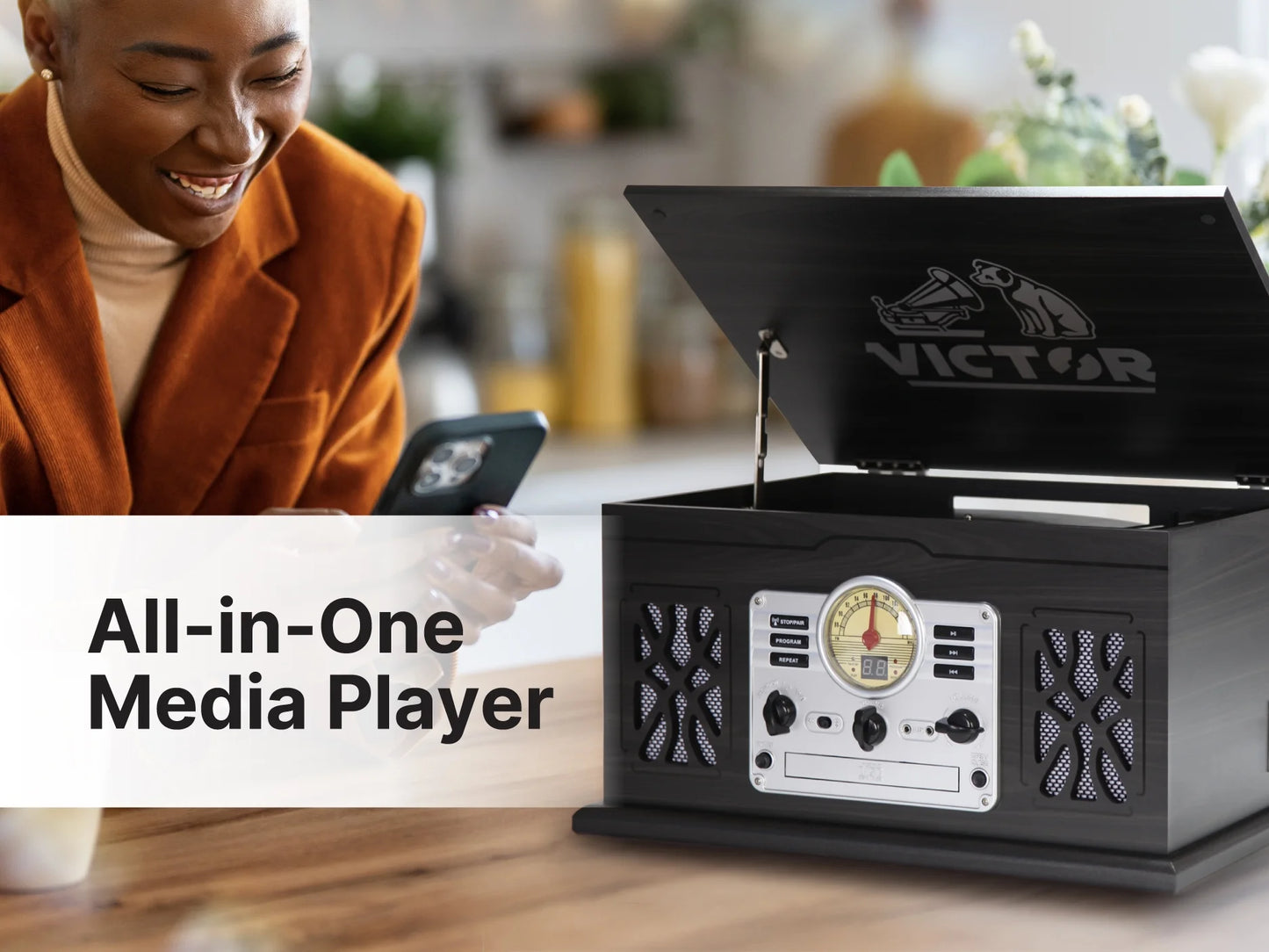 State 7-In-1 Turntable Music Center with 3-Speed Record Player, Cd/Mp3/Cassette Player, FM Radio, Dual Bluetooth in & Out, and Built-In Stereo Speakers, Mahogany (VWRP-3800-MH)