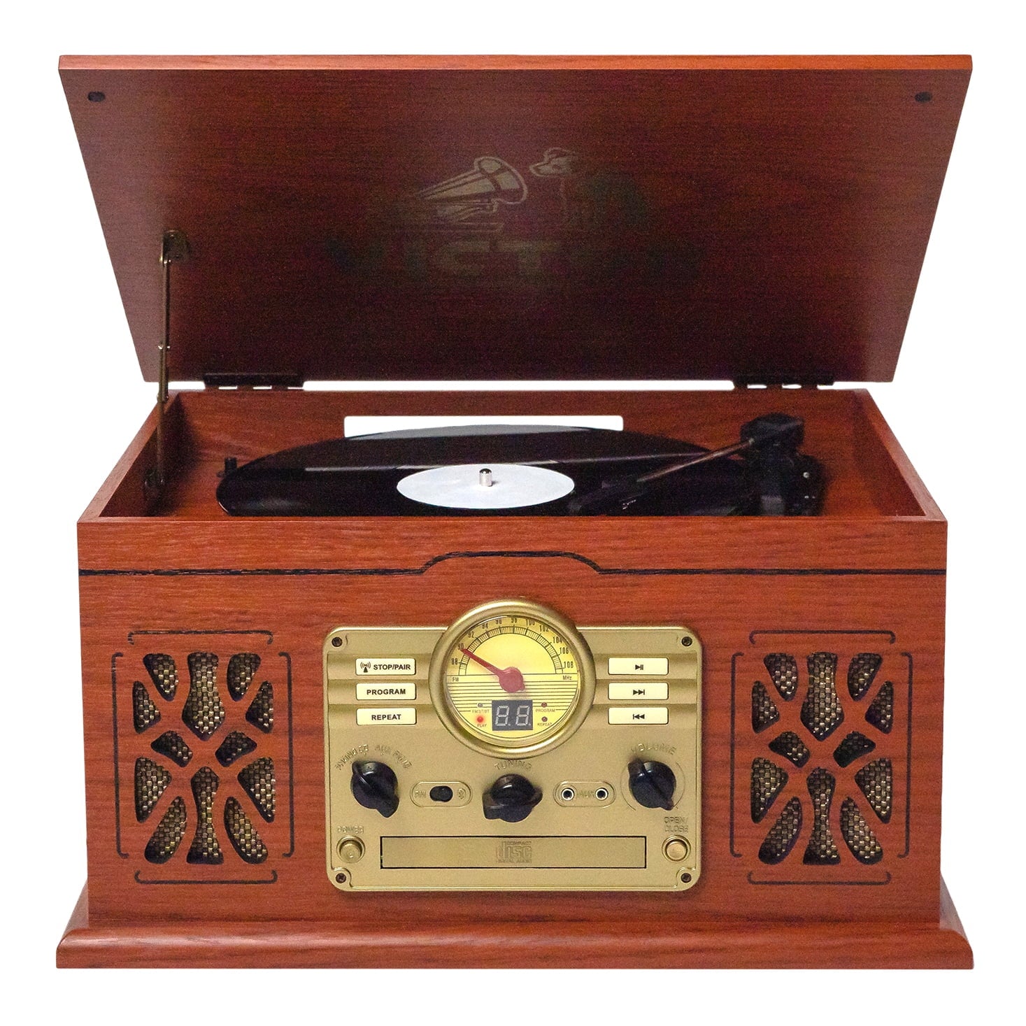 State 7-In-1 Turntable Music Center with 3-Speed Record Player, Cd/Mp3/Cassette Player, FM Radio, Dual Bluetooth in & Out, and Built-In Stereo Speakers, Mahogany (VWRP-3800-MH)