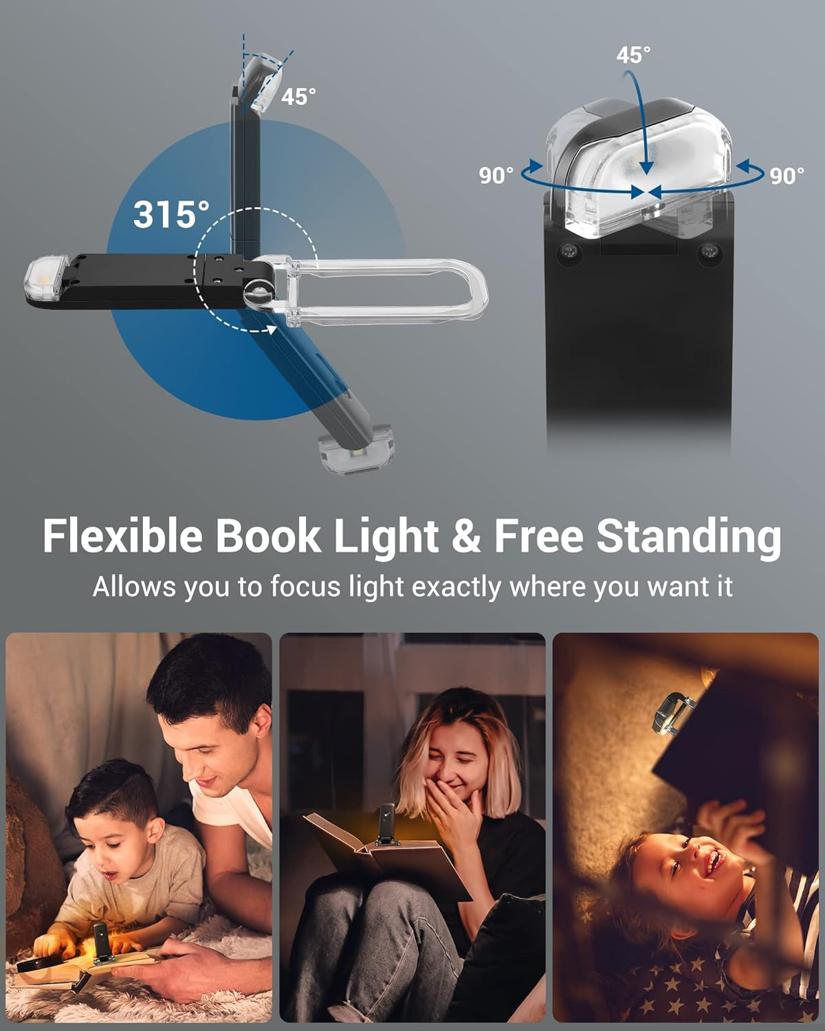 Book Light, Amber Warm Clip on LED with 3 Adjustable Brightness for Eye Protection, Rechargeable USB Long Lasting Reading Light, Gifts for Bookworms, Kids (Black)