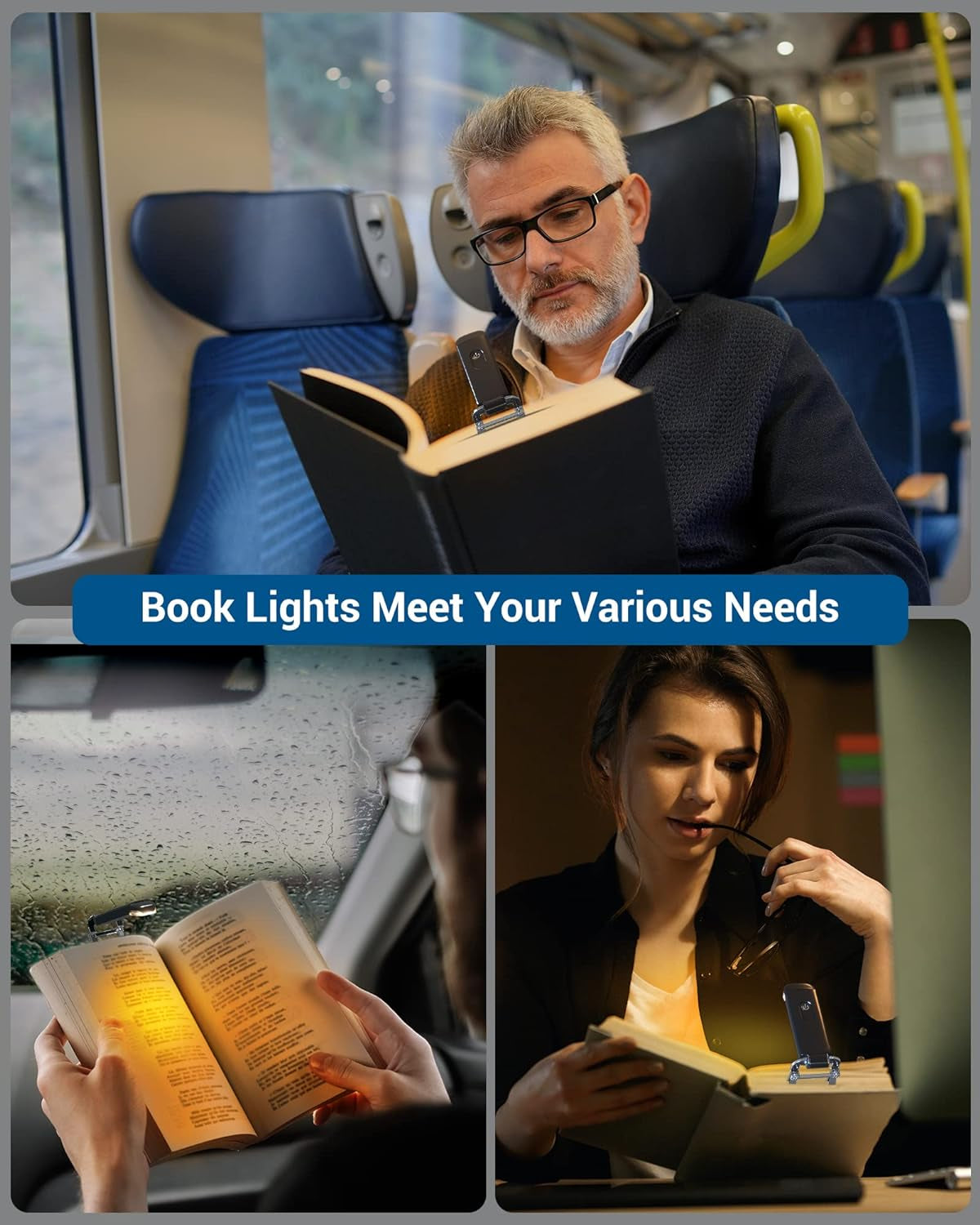 Book Light, Amber Warm Clip on LED with 3 Adjustable Brightness for Eye Protection, Rechargeable USB Long Lasting Reading Light, Gifts for Bookworms, Kids (Black)