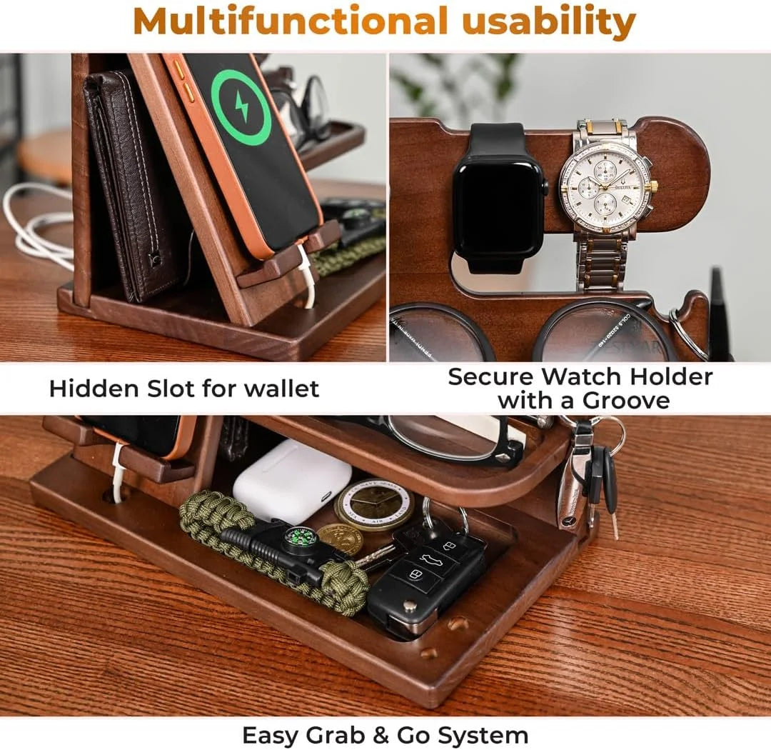 Wood Phone Docking Station, Nightstand Key Holder Stand Watch Organizer for Men Gift, Hand Crafted for Dad Mens Organizer Station (Brown)