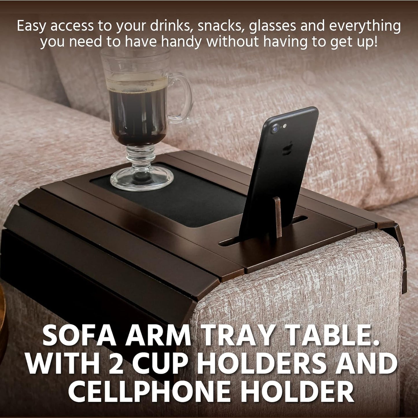 Sofa Tray Table Wth EVA Base and Cellphone Holder. Fits over Square Chair Arms. (Tobacco/Dark Brown)