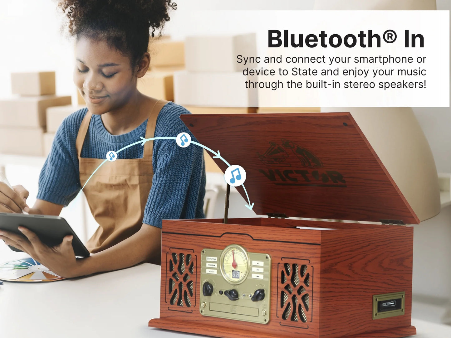 State 7-In-1 Turntable Music Center with 3-Speed Record Player, Cd/Mp3/Cassette Player, FM Radio, Dual Bluetooth in & Out, and Built-In Stereo Speakers, Mahogany (VWRP-3800-MH)