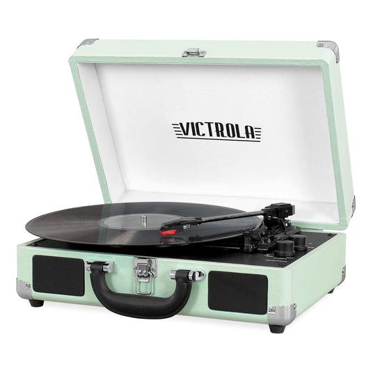 Vintage 3-Speed Bluetooth Suitcase Turntable with Speakers, Mint (2019 Model)