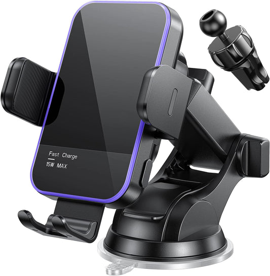 Wireless Car Charger,【7 Colored RGB Backlit】  15W Auto Clamping Phone Holders for Your Car Fit for Iphone 16 15 14 Mini Pro Max, Samsung Galaxy S25 Ultra S24 S23+, Etc, Fathers Day for Gifts
