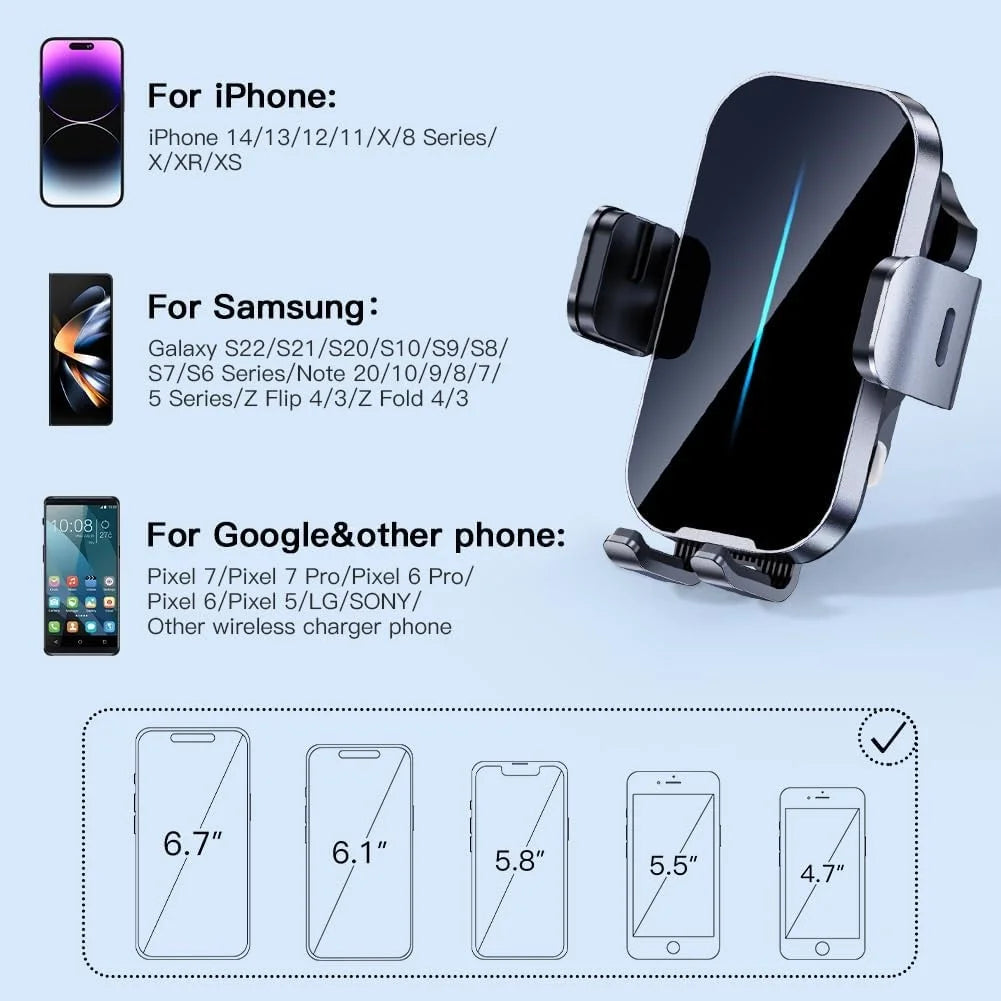 3 in 1 Wireless Car Charger, 15W Smart Sensor Auto Clamping Air Vent Dashboard Windshield Car Phone Charging Holder Mount, Compatible for Iphone, Samsung, Google, LG, Etc