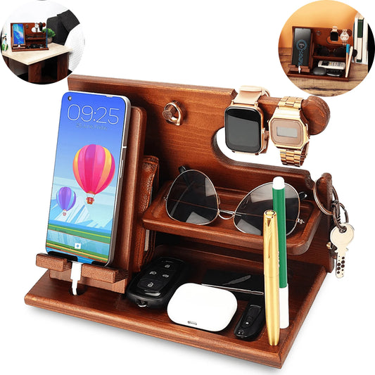 Wood Phone Docking Station, Nightstand Key Holder Stand Watch Organizer for Men Gift, Hand Crafted for Dad Mens Organizer Station (Brown)