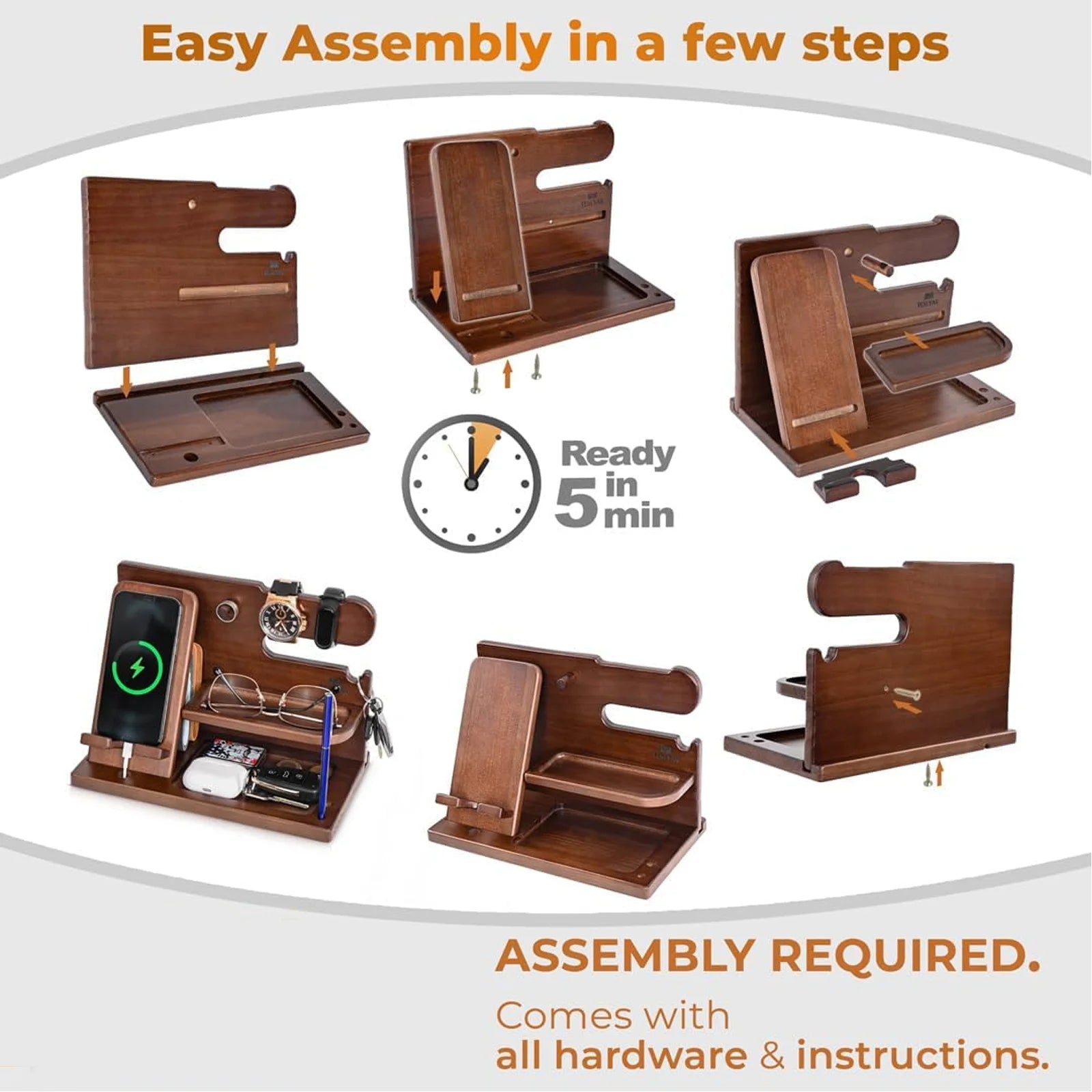 Wood Phone Docking Station, Nightstand Key Holder Stand Watch Organizer for Men Gift, Hand Crafted for Dad Mens Organizer Station (Brown)