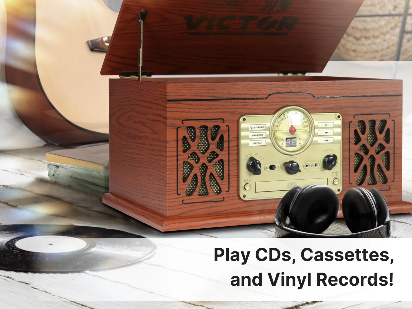 State 7-In-1 Turntable Music Center with 3-Speed Record Player, Cd/Mp3/Cassette Player, FM Radio, Dual Bluetooth in & Out, and Built-In Stereo Speakers, Mahogany (VWRP-3800-MH)