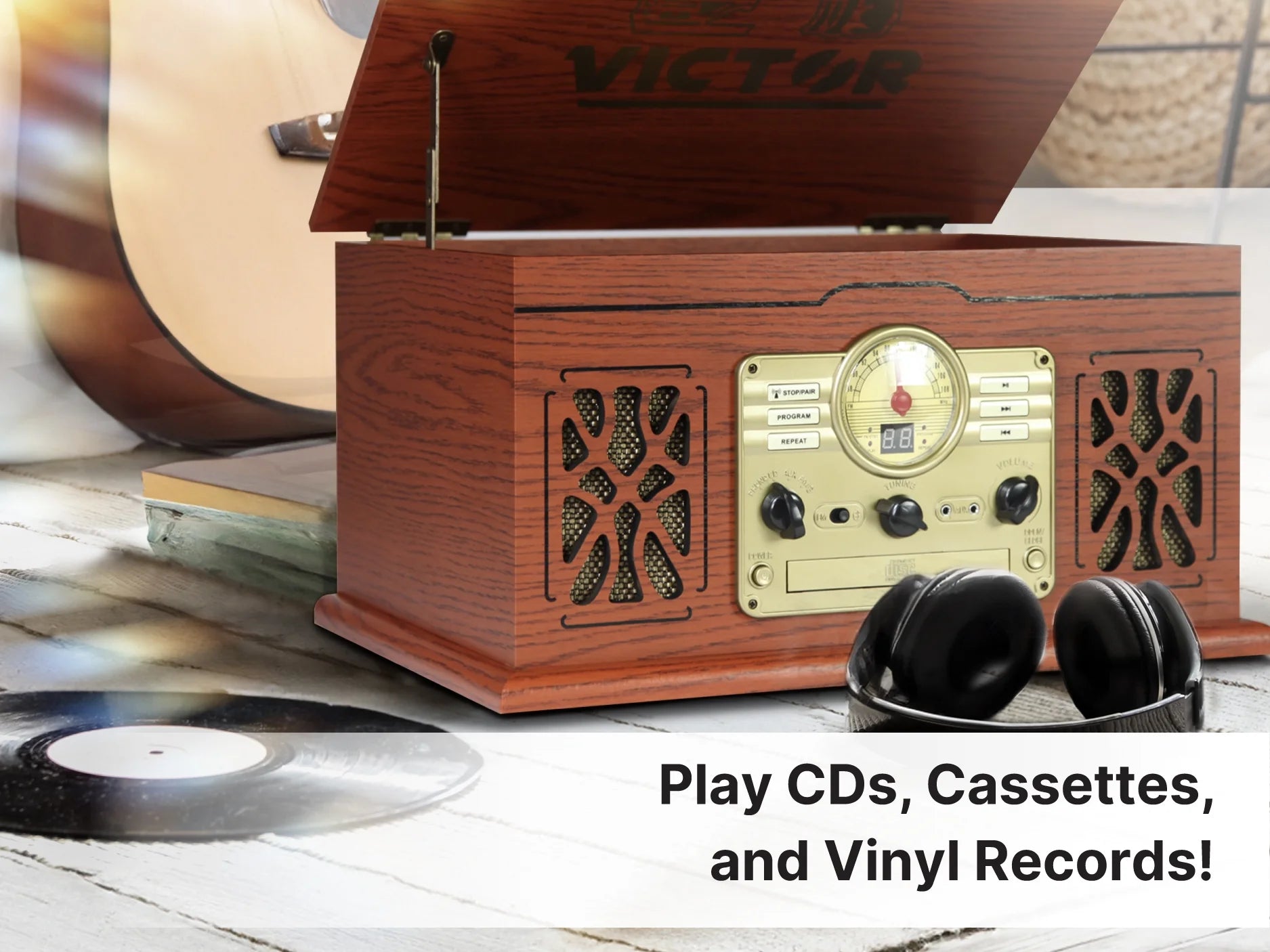 State 7-In-1 Turntable Music Center with 3-Speed Record Player, Cd/Mp3/Cassette Player, FM Radio, Dual Bluetooth in & Out, and Built-In Stereo Speakers, Mahogany (VWRP-3800-MH)