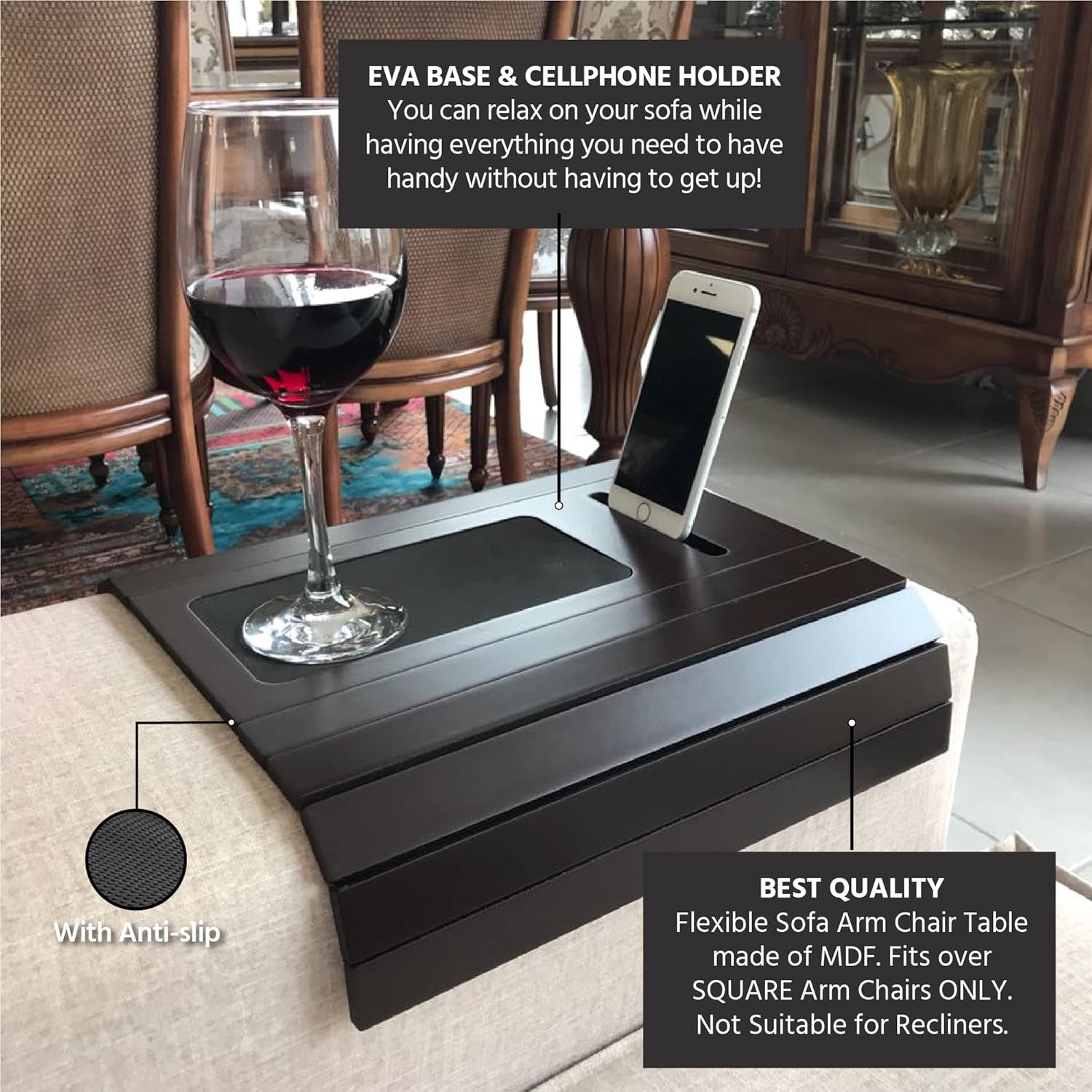 Sofa Tray Table Wth EVA Base and Cellphone Holder. Fits over Square Chair Arms. (Tobacco/Dark Brown)