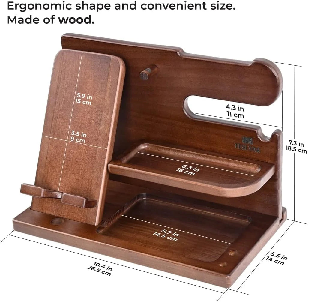 Wood Phone Docking Station, Nightstand Key Holder Stand Watch Organizer for Men Gift, Hand Crafted for Dad Mens Organizer Station (Brown)