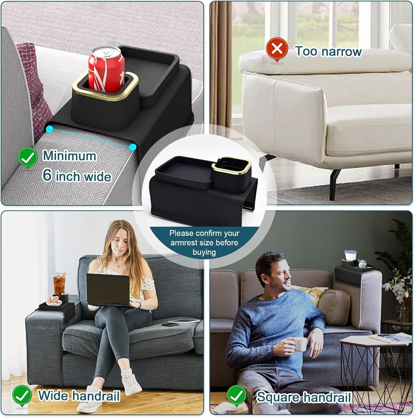 Couch Cup Holder Tray, Silicone Sofa Armrest Tray Temperature Resistant & Anti-Slip Sofa Coasters Recliner Drink Holder for Remote/Snack/Cellphone, Gift for Dad, Mom, Grandma or Grandpa