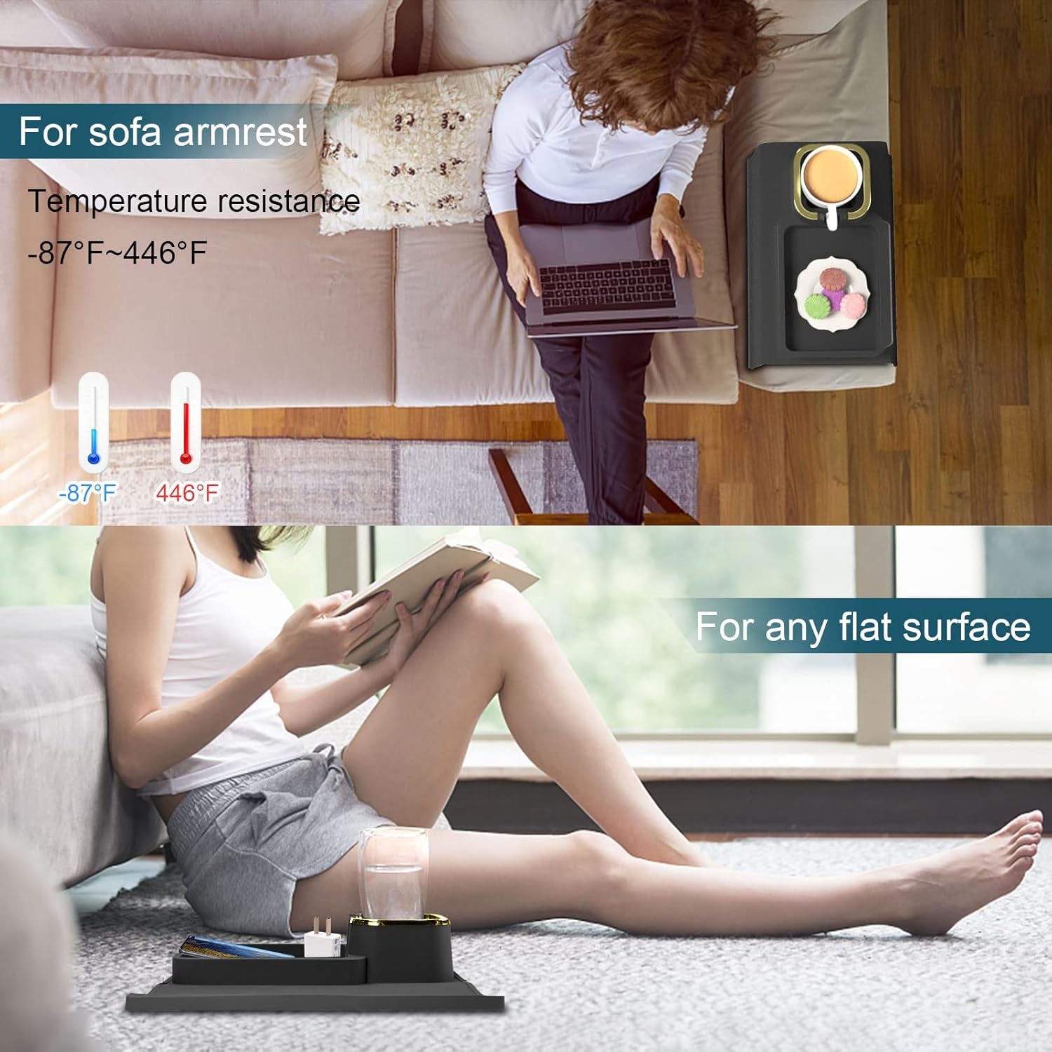 Couch Cup Holder Tray, Silicone Sofa Armrest Tray Temperature Resistant & Anti-Slip Sofa Coasters Recliner Drink Holder for Remote/Snack/Cellphone, Gift for Dad, Mom, Grandma or Grandpa