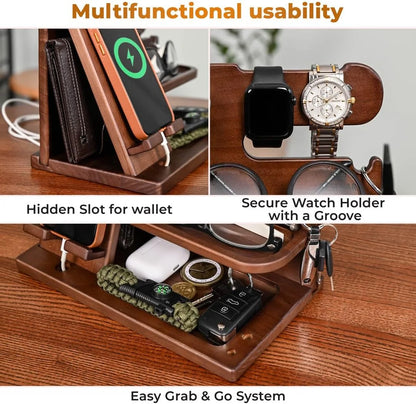 Wood Phone Docking Station, Nightstand Key Holder Stand Watch Organizer for Men Gift, Hand Crafted for Dad Mens Organizer Station (Brown)