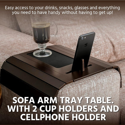 Sofa Tray Table Wth EVA Base and Cellphone Holder. Fits over Square Chair Arms. (Tobacco/Dark Brown)