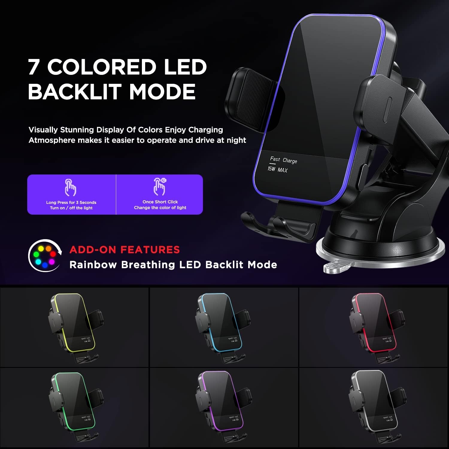 Wireless Car Charger,【7 Colored RGB Backlit】  15W Auto Clamping Phone Holders for Your Car Fit for Iphone 16 15 14 Mini Pro Max, Samsung Galaxy S25 Ultra S24 S23+, Etc, Fathers Day for Gifts