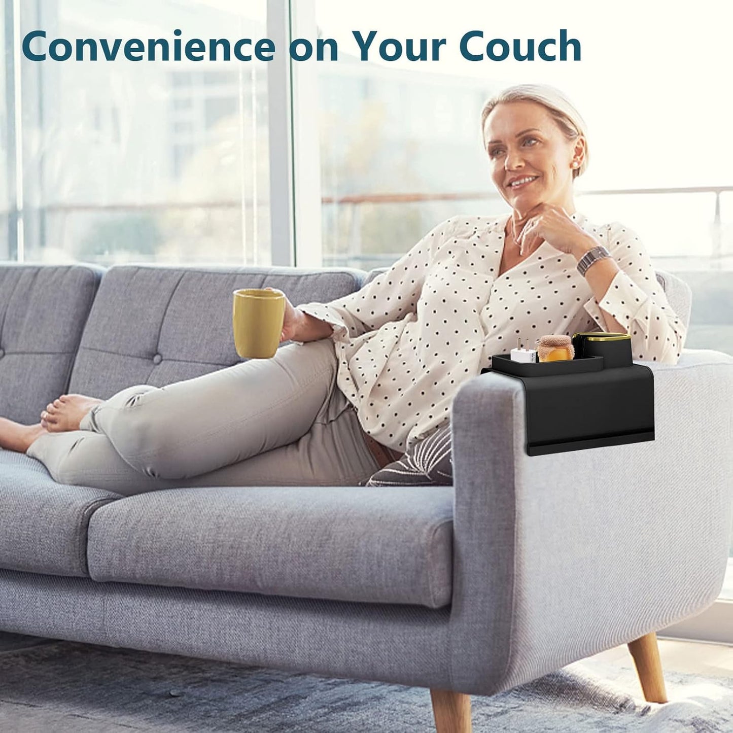 Couch Cup Holder Tray, Silicone Sofa Armrest Tray Temperature Resistant & Anti-Slip Sofa Coasters Recliner Drink Holder for Remote/Snack/Cellphone, Gift for Dad, Mom, Grandma or Grandpa