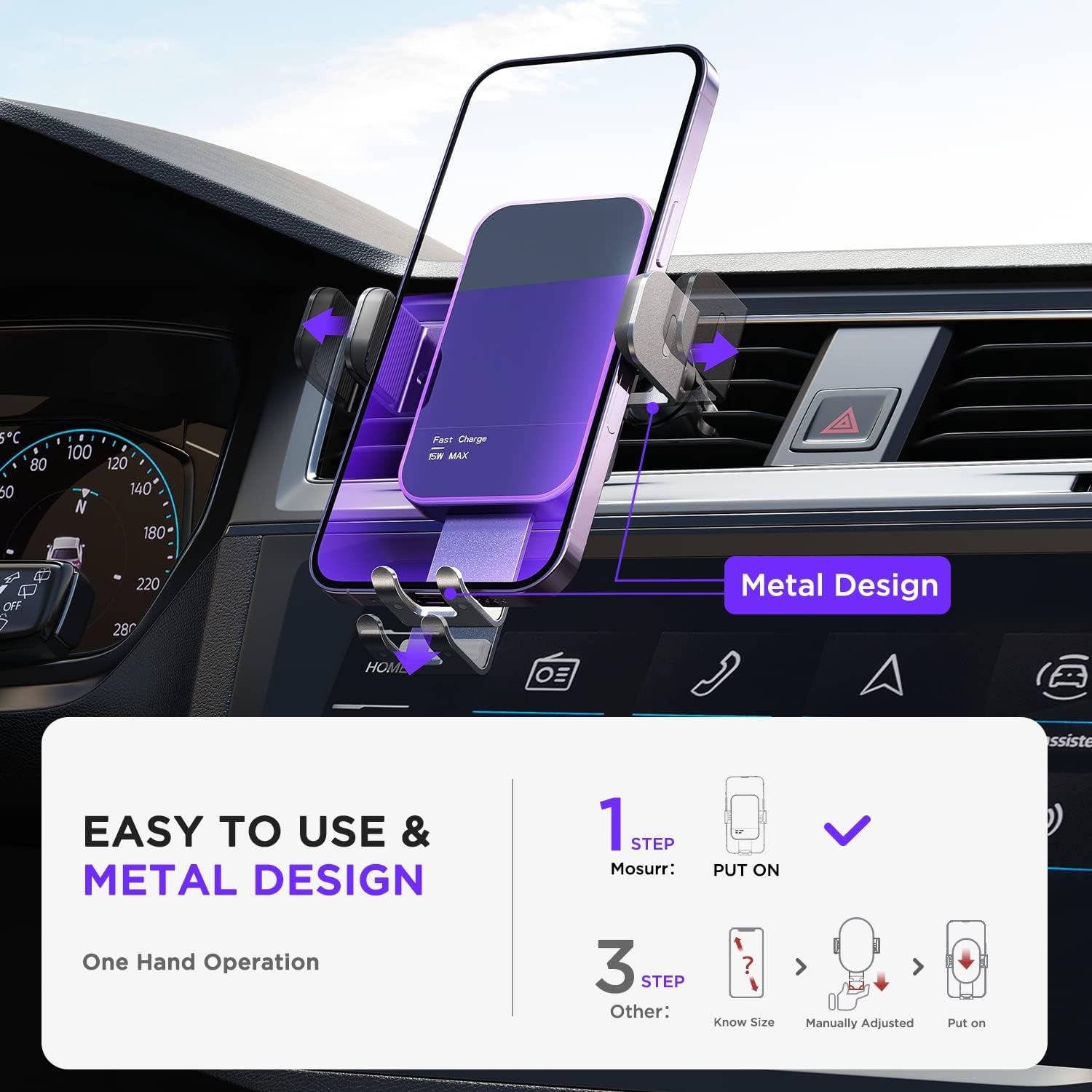Wireless Car Charger,【7 Colored RGB Backlit】  15W Auto Clamping Phone Holders for Your Car Fit for Iphone 16 15 14 Mini Pro Max, Samsung Galaxy S25 Ultra S24 S23+, Etc, Fathers Day for Gifts