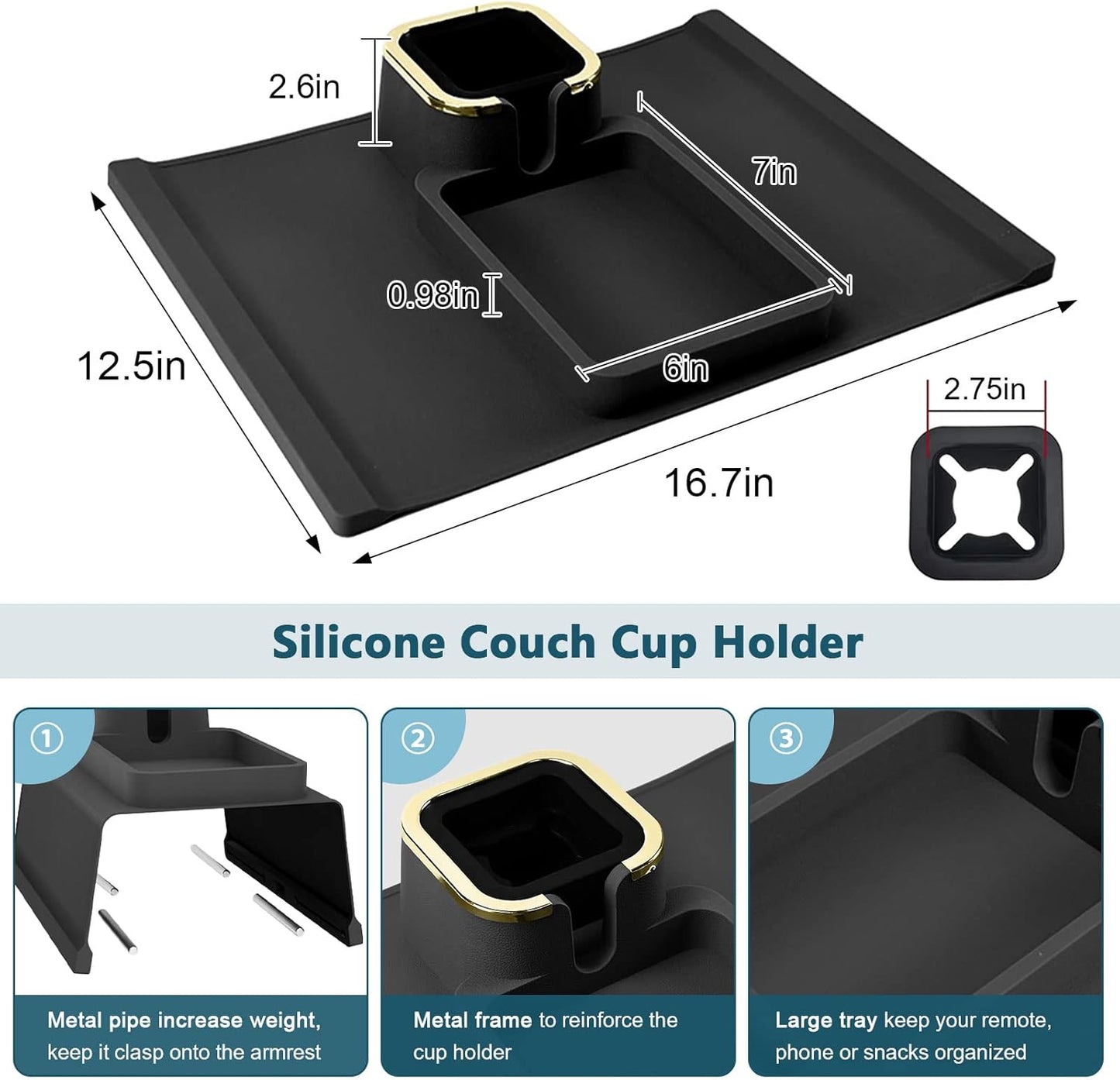 Couch Cup Holder Tray, Silicone Sofa Armrest Tray Temperature Resistant & Anti-Slip Sofa Coasters Recliner Drink Holder for Remote/Snack/Cellphone, Gift for Dad, Mom, Grandma or Grandpa