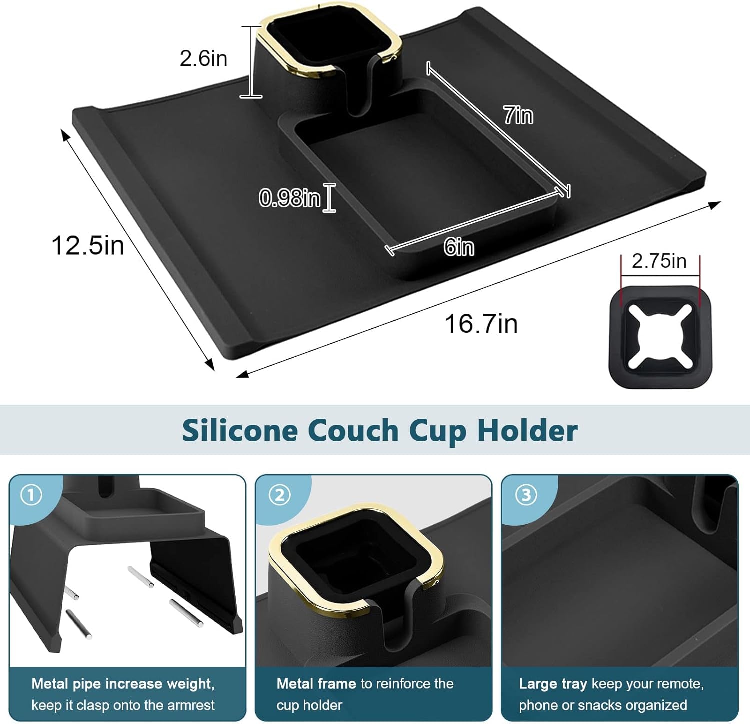 Couch Cup Holder Tray, Silicone Sofa Armrest Tray Temperature Resistant & Anti-Slip Sofa Coasters Recliner Drink Holder for Remote/Snack/Cellphone, Gift for Dad, Mom, Grandma or Grandpa