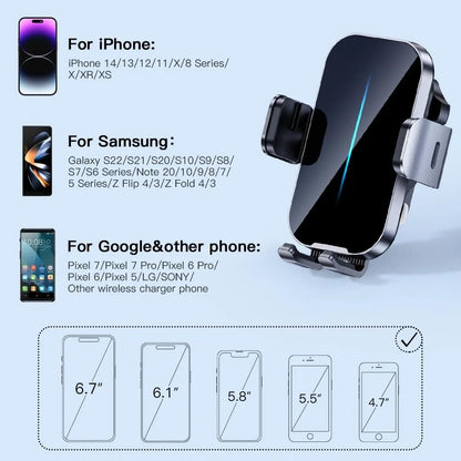 3 in 1 Wireless Car Charger, 15W Smart Sensor Auto Clamping Air Vent Dashboard Windshield Car Phone Charging Holder Mount, Compatible for Iphone, Samsung, Google, LG, Etc