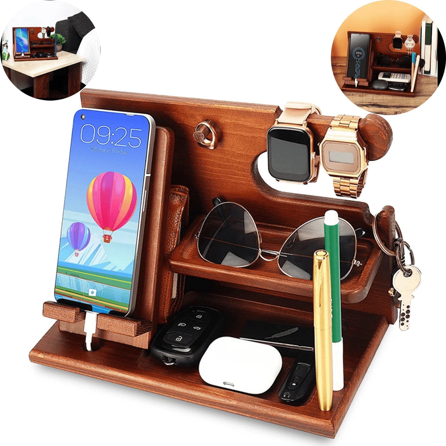 Wood Phone Docking Station, Nightstand Key Holder Stand Watch Organizer for Men Gift, Hand Crafted for Dad Mens Organizer Station (Brown)