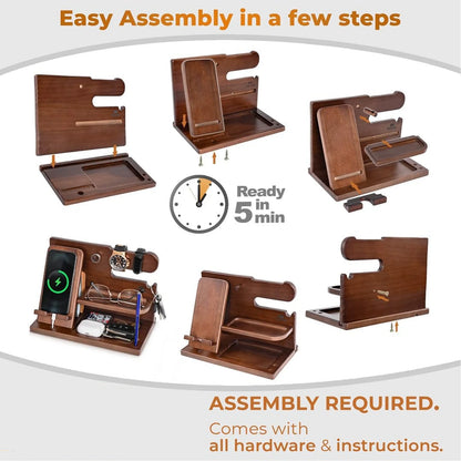 Wood Phone Docking Station, Nightstand Key Holder Stand Watch Organizer for Men Gift, Hand Crafted for Dad Mens Organizer Station (Brown)
