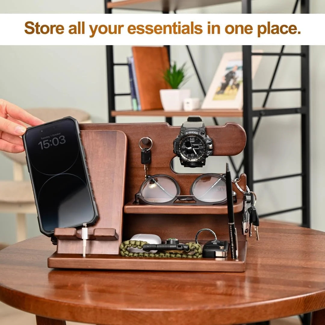 Wood Phone Docking Station, Nightstand Key Holder Stand Watch Organizer for Men Gift, Hand Crafted for Dad Mens Organizer Station (Brown)