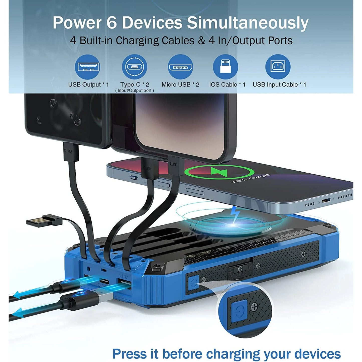 36000Mah Solar Power Bank 15W Fast Charging with Cables & Wireless Charger, Solar Charger Compatible for Iphone & Android Phone