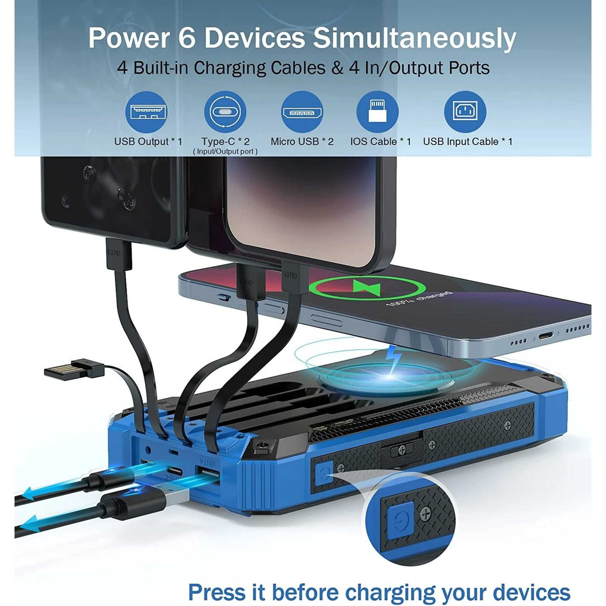 36000Mah Solar Power Bank 15W Fast Charging with Cables & Wireless Charger, Solar Charger Compatible for Iphone & Android Phone