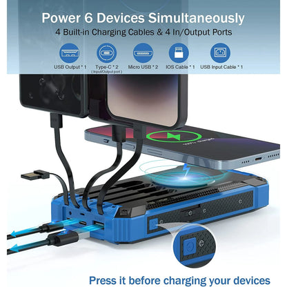 36000Mah Solar Power Bank 15W Fast Charging with Cables & Wireless Charger, Solar Charger Compatible for Iphone & Android Phone