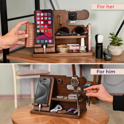 Wood Phone Docking Station, Nightstand Key Holder Stand Watch Organizer for Men Gift, Hand Crafted for Dad Mens Organizer Station (Brown)