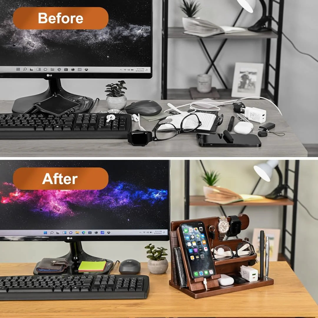 Wood Phone Docking Station, Nightstand Key Holder Stand Watch Organizer for Men Gift, Hand Crafted for Dad Mens Organizer Station (Brown)
