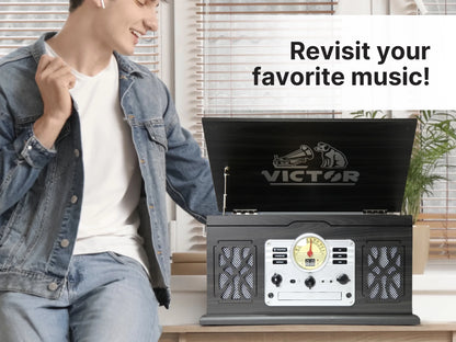 State 7-In-1 Turntable Music Center with 3-Speed Record Player, Cd/Mp3/Cassette Player, FM Radio, Dual Bluetooth in & Out, and Built-In Stereo Speakers, Mahogany (VWRP-3800-MH)