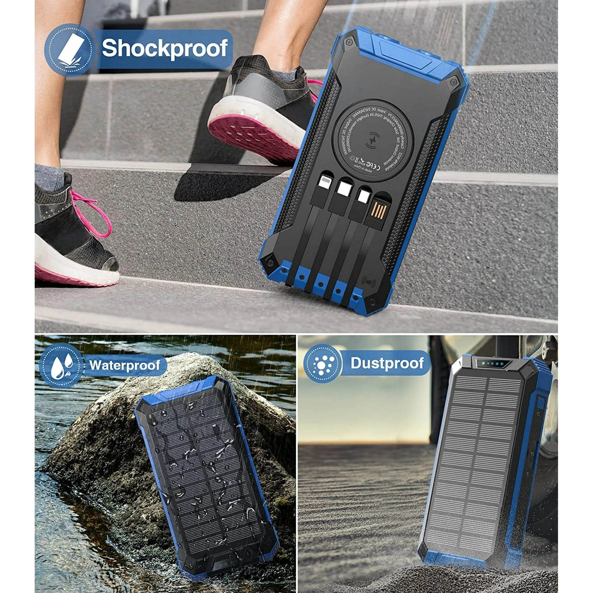 36000Mah Solar Power Bank 15W Fast Charging with Cables & Wireless Charger, Solar Charger Compatible for Iphone & Android Phone